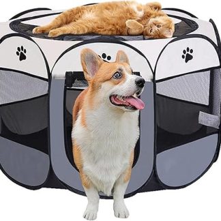 Exquilnova Portable Puppy Run, 91 x 91 x 58 cm, Dog Playpen, Foldable Playpen, Cat Pen for Home, Puppy Playpen for Indoor, Waterproof Oxford Cloth for Dogs, Cats, Rabbits (Grey)