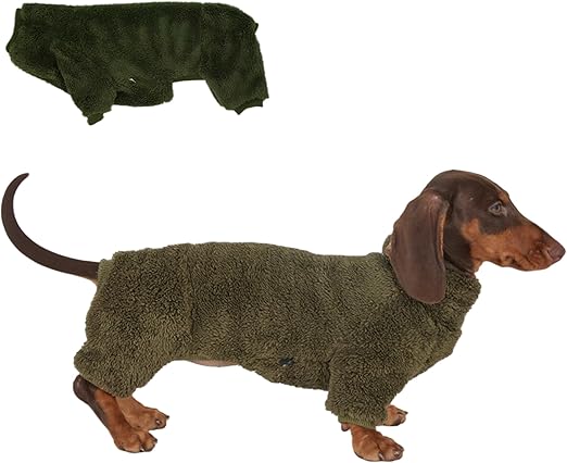 Dachshund Fleece Jumpsuit Turtleneck Sweater Suitable for Dachshund Winter Soft Cozy Dog Pajamas Clothes (Dark Green, L)