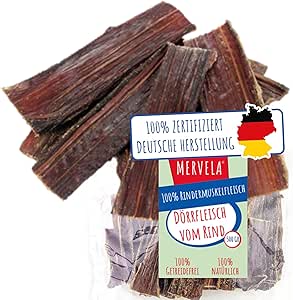 MERVELA Premium Beef Jerky for Dogs, 500 g, Natural Chew Snack, 100% Beef, Dried Treats Made in Germany