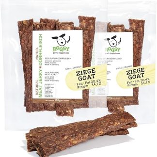 ROQSY Natural Jerky 100% Goat - Grain Free, Chew, Dried Meat, Treat for Dogs, Ideal Snack for Puppies, Chewing Strips, Barf-Enable, Jerky - 200 g
