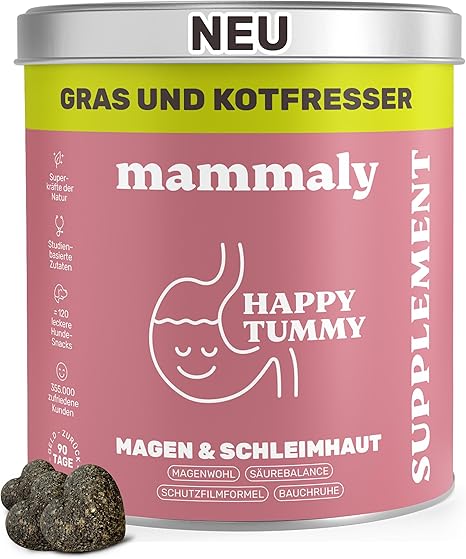 mammaly Happy Tummy 11-in-1 Grass and Poo Eater Drops Dog - 120 Snacks (350 g) - Against Faeces and Grass Eating for Dogs - Supports Heartburn the Stomach & Intestines - With Elm Bark, Probiotics, etc