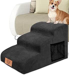 MASTERTOP Dog Stairs 3 Steps, High Density Sponge Pet Stairs for Small Dogs, Non-Slip Portable Dog Ramp Cat Stairs with Washable Plush Cover for Sofa Beds (Black)
