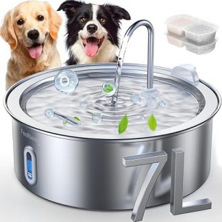 FEELNEEDY 7L Cat Fountain Stainless Steel Drinking Fountain for Dogs with 2 Filters Suitable for Use with Dogs or Multiple Cats LED Light Dishwasher Safe