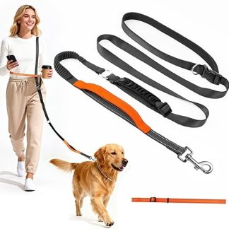 X XBEN Free Handle Lead for Large Medium Dogs with Auxiliary Strap, Jogging Lead for Dogs with Waist Belt and Comfortable Double Handles, for Running, Jogging, Hiking, Adjustable (0.8-2.2 m) Dog Lead