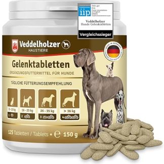 Veddelholzer Comparison Winner Dog Joint Tablets Maximum Active Ingredient Dose with Green-Lipped Mussel MSM & Devil's Claw, Glucosamine & Collagen, 125 Capsules
