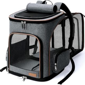 Lekesky Expandable Backpack for Cats and Small Dogs, Foldable Pet Backpack with Inner Safety Lead and 2 Pet Mats, Grey