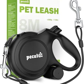 pecute Dog Lead 8 m Bite Resistant Reflective Roller Lead for Dogs with Waste Bag Set & Carabiner Clip, for Dogs 15-50 kg 360° Anti-Tangle, Labour-Saving Handle, Waste Bags & Holder, Black