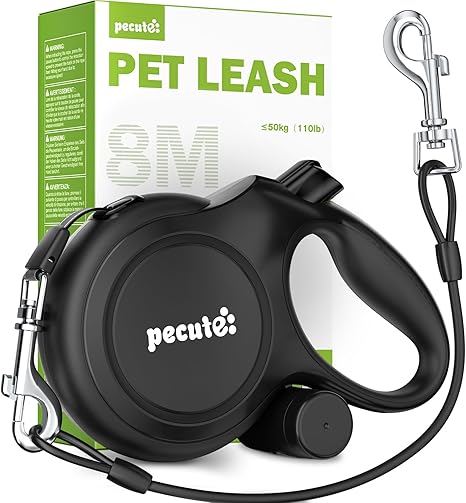pecute Dog Lead 8 m Bite Resistant Reflective Roller Lead for Dogs with Waste Bag Set & Carabiner Clip, for Dogs 15-50 kg 360° Anti-Tangle, Labour-Saving Handle, Waste Bags & Holder, Black