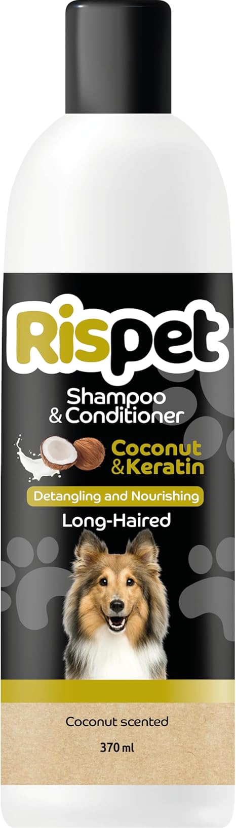RISPET Coconut and Keratin Shampoo and Conditioner, Cleaning and Disinfectant for Dogs and Long Haired Animals, Delicate Formula Without Allergens and Balanced pH Levels, Coconut Fragrance, 370 ml