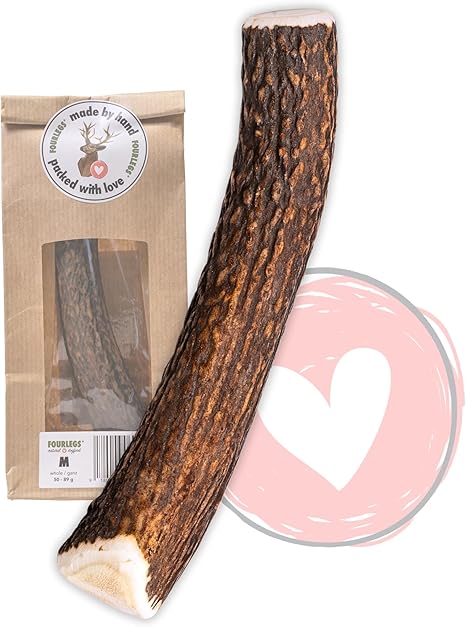 FOURLEGS® Natural Chew Snack for Dogs Made from 100% Deer Antlers - Minerals, Chew Toy, Chew Stick, Wild Flavour, Antlers, Bone, Deer, Chew Item - Size M Whole