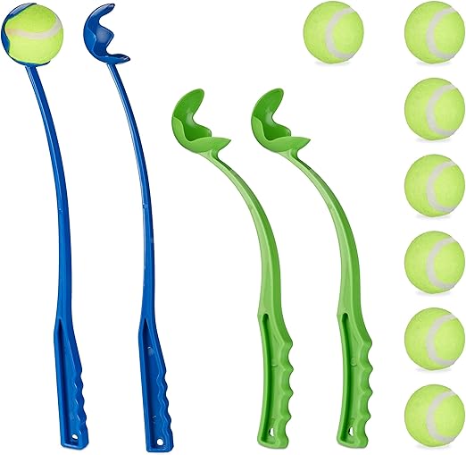 Relaxdays Ball Launcher for Dogs, Set of 4 Ball Launcher, Includes 8 Tennis Balls, Dog Toy for Throwing, Throwing Device, Colourful