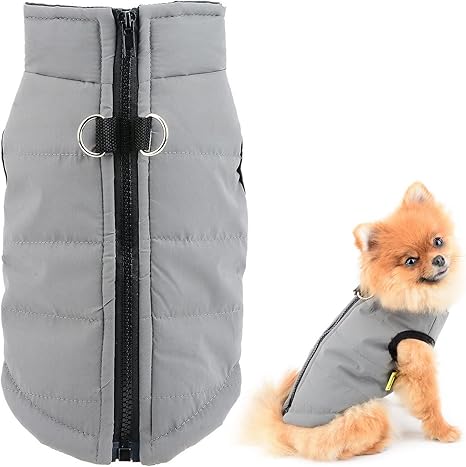 SMALLLEE_LUCKY_STORE Waterproof Winter Jacket for Small Dogs Cats with Zipper Padded Chihuahua Yorkie Kitten Warm Clothes Grey XS