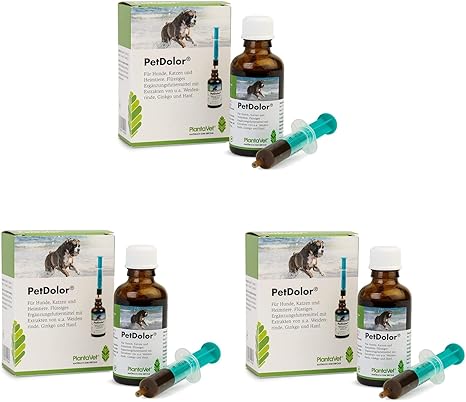 PlantaVet PetDolor | Pack of 3 | 3 x 50 ml | Liquid Supplementary Feed for Pets | With Willow Bark & Hemp