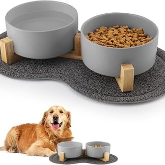 Wozzies 3-in-1 Ceramic Dog Bowl, 850 ml Double Feeding Bowl Dog Set with Non-Slip Mat, Water Bowl with Holder for Large Dogs, Small and Medium Dogs and Adults Cats