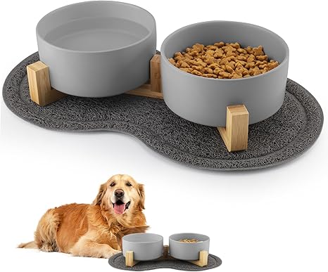 Wozzies 3-in-1 Ceramic Dog Bowl, 850 ml Double Feeding Bowl Dog Set with Non-Slip Mat, Water Bowl with Holder for Large Dogs, Small and Medium Dogs and Adults Cats