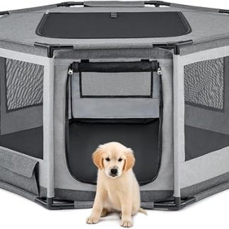 lionto Oxford Fabric Puppy Run Breathable Mesh with Zip & Side Pocket, Outdoor Run for Dogs & Cats with PVC Pipe Frame, Octagonal Dog Cage, 112 x 112 x 62 cm, Grey