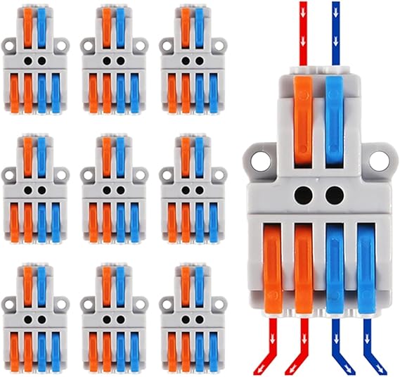 Dealikee Pack of 10 Connection Terminals, 2 in 4 Out Cable Connectors, Wire Connector, Plug Terminal with Lever for 0.5 mm²-4 mm², Electric Lustre Terminals with Lever for Connection Blocks Electrical