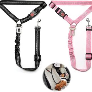 Pack of 2 Adjustable Dog Belt for Car, Seat Belt Dog with Shock Absorber, Elastic, Dog Seat Belt Car for Small, Medium, Large Dogs and All Car Types, Black + Pink