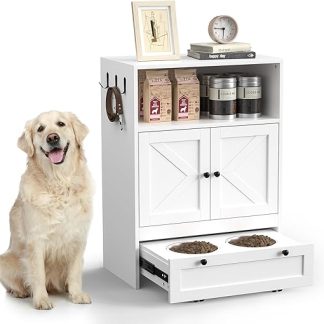 Dog Cupboard Feeding Station with 2 Stainless Steel Bowls 60 x 35 x 82 cm, Pet Feeding Cabinet with Storage Cabinet, Pet Food Cabinet, 2-in-1 Storage Cabinet & Feeding Station, Feeding Bowl, Bowl Bar