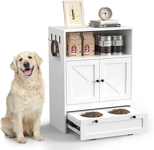 Dog Cupboard Feeding Station with 2 Stainless Steel Bowls 60 x 35 x 82 cm, Pet Feeding Cabinet with Storage Cabinet, Pet Food Cabinet, 2-in-1 Storage Cabinet & Feeding Station, Feeding Bowl, Bowl Bar