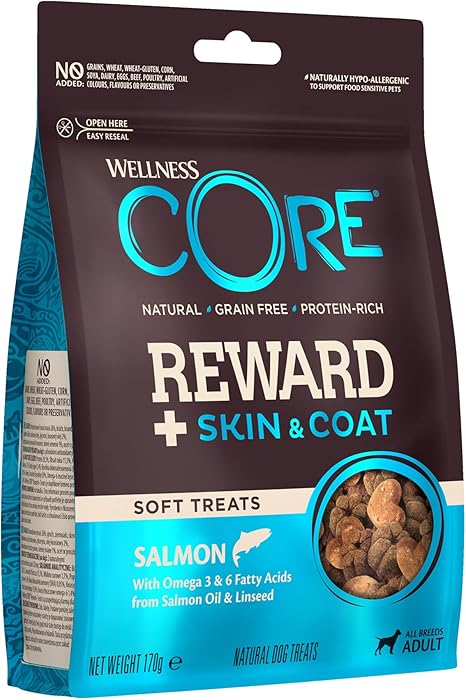 Wellness CORE Reward+ Skin & Coat 170 g, Salmon - Gentle Dog Treats for All Dog Breeds, Grain-Free, Natural, Hypoallergenic, High Protein Rich, High Fish Content, for Healthy Skin and Shiny Coat