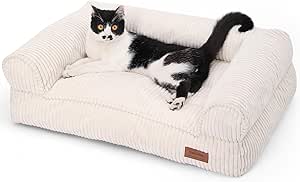 FUKUMARU Corduroy Cat Sofa Bed, Cosy Cat Bed for Indoor with Removable Washable Cover, Supportive Non-Slip Dog Bed Sofa for Small Dogs, 72 x 52 x 22 cm, Medium, Cream