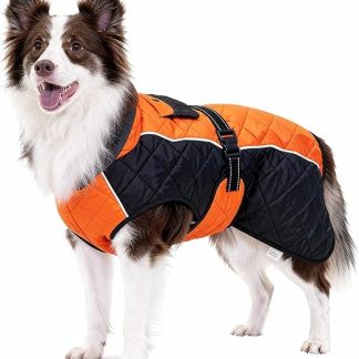 BECROWM Dog Coats with Reflective Design,Windproof & Waterproof Thickened Collar for Wind Protection Adjustable Buckle Warm Winter Jacket (Orange/Black, Medium(23~27in))