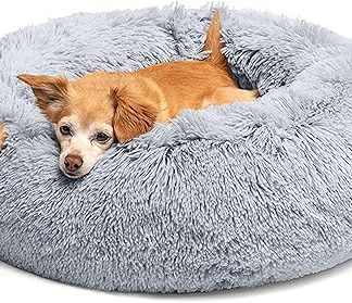 LUOJINYI Fluffy Dog Bed, Round Pet Bed, Doughnut Cat Bed, Washable with Non-Slip Base for Large, Medium and Small Dogs, 70 cm, Light Grey