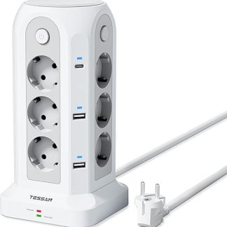 TESSAN 12-Way Multiple Socket with USB C, Power Strip with 4 Individual Switches, Extension Cable, 2 m Distribution Socket, Multiple Socket with Surge Protection, Socket Tower, White