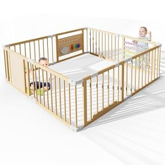 ZIKEBTUY 160 x 160 x 61 cm Baby Playpen Foldable Playpen Wooden Children's Activity Centre with Door, Musical Toy Crawling Gate Malleable Barrier for Children
