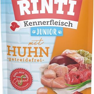 RINTI - Kennerfleisch Junior Wet Food with 70% Meat for Dogs in Growth. Grain-Free Complete Food in a Tin without Soy, Colourants and Preservatives | 10 x 400 g Chicken
