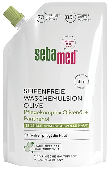 Sebamed Soap-free washing emulsion olive refill bag, 400 ml, care complex with olive oil and panthenol, soap-free cleaning for sensitive skin, suitable for hand, face and body cleansing