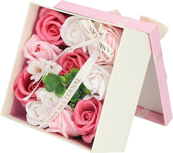 Rose Soap, Floral Scented Bath Soap, Rose Petals, Rose Petals for Bathroom, Decorative Soap, Vegetable Essential Oil, Rose Soap in Gift Box for Her (Pink)