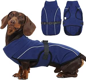 Hjyokuso Dachshund Dog Coat M, Warm Dachshund Winter Coat, Warm Winter Coat for Small Dogs, Adjustable Dog Jacket with High Collar and Reflective Stripes, Navy Blue