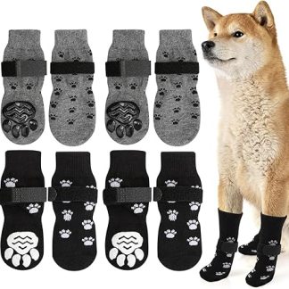 Weniubit 4 Pairs of Dog Socks Non-Slip Double-Sided Dog Socks Leak Protection with Adjustable Straps Dog Socks for Dogs Indoor Outdoor (M)
