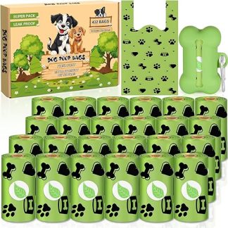 MKAKYES Dog Waste Bags, Pack of 432 Waste Bags for Dogs with Waste Bag Dispenser, 14 x 34 cm, Leak-proof Dog Bags, Poo Bags with Light Lemon Fragrance, Waterproof, Tear-Resistant, Strong, Green