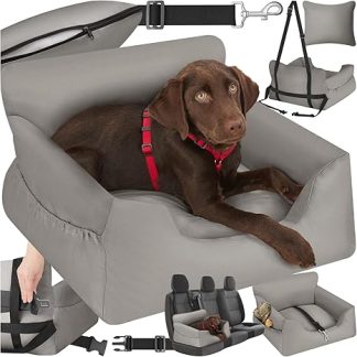 tectake® Dog Seat, Car Seat for Dogs, Dog Car Seat for Back Seat, Passenger or Back Seat, Travel Cot Dog with Dog Strap, Booster Seat with Dog Buckle, Dog Bed with Buckle, Grey
