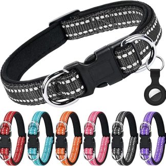 AUAUY Reflective Dog Collar, Adjustable Breathable Dog Collar, Soft Padded Neoprene Nylon Dog Collar with AirTag Case, Double D-Ring for Small, Medium, Large Dogs (Black-S)