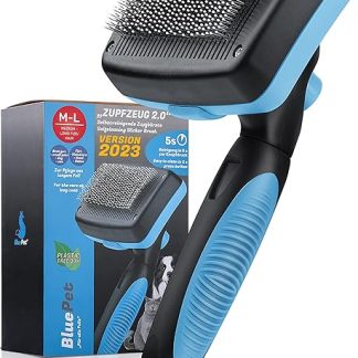 BluePet Dog Brush & Cat Brush for Long Hair - Gently Removes Undercoat, Tangles & Knots - Plucking Stuff Version 2.0 with Cleaning Button - For Daily Use (Blue)