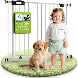 BOMI Merle Stair Safety Gate, XXL, German TÜV, GS Seal, No Drilling, 90° Stop, Closes Automatically, Made of Metal White, Clamping Door Barrier, Narrow, Width: 63–71 cm