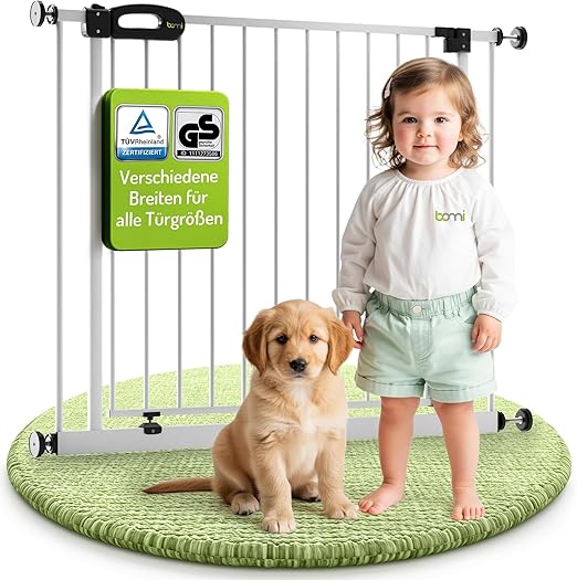 BOMI Merle Stair Safety Gate, XXL, German TÜV, GS Seal, No Drilling, 90° Stop, Closes Automatically, Made of Metal White, Clamping Door Barrier, Narrow, Width: 63–71 cm