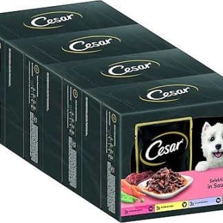 Cesar Adult Wet Dog Food Selection in Sauce, 48 Portion Bags, 12 x 100 g (Pack of 4) - Balanced Premium Dog Food Wet, Choice with Beef, Chicken, Lamb and Turkey
