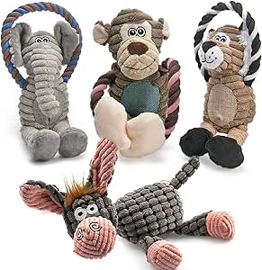 AWOOF Toy for Dogs, Interactive Plush Dog Toy, Sturdy Squeaky Dog Toys with Cotton Fabric, Chew Bone Toy for Puppies, Small, Medium and Large Breeds (4 Pack)