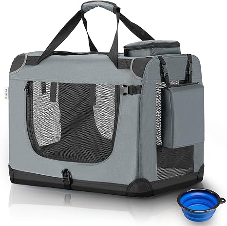 Juskys Lassie Dog Transport Crate, Foldable and Portable, 42 x 60 x 44 cm, with Blanket, Pocket and Handles, for Dogs, Cats and Other Pets, Oxford Fabric, Dog Car Carrier, M, Grey