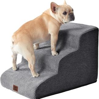 EHEYCIGA Dog Stairs for Small Dogs, 40 cm High, Pet Stairs for Sofa Bed, Stairs for Dogs Made of High Density Sponge, Dog Ramp with Washable Cover and Non-Slip Base, 3 Steps, Grey