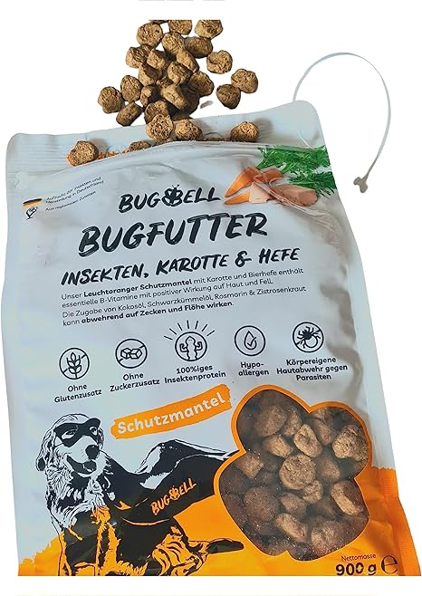 BugBell 900 g Premium Dry Food Insect, Black Cumin Oil, Coconut Oil, Rockrose Herb & Rosemary Powder Naturally Protect Against Ticks & Fleas, Carrot & Yeast Have a Positive Effect on Skin & Coat