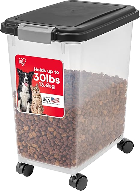 Iris Ohyama Cat Food Storage with Wheels, 30 L/11 kg, Black, Airtight Food Box, Dry Food, Food Container, for Dogs, Cats, Pet Food Container, BPA-Free, Feeding Bin, MP-8