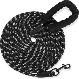 Reflective Recall Lead for Dogs, 5 m Dog Lead with Padded Handle and 2 Carabiner Hooks, Strong Dog Lead for Large Medium Dogs, 5 m 10 m 20 m Long, Lockable Carabiner (Black, 5 m x 9 mm)