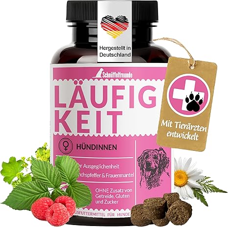 Schnüffelfreunde Läufigkeit Drops I Stress Reduction Dog in Cycle I Apparently Pregnant I Functional Snack for Dogs I with Monk Pepper, Women's Coat, Raspberry Leaves (150 g - Approx. 180 Pieces)
