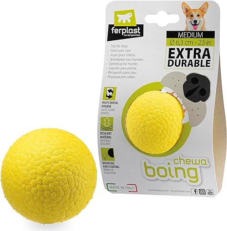 Ferplast Hunde Spielzeug, Hundeball, aus strapazierfähigem, ungiftigem, bissfestem Material, für die Zahnhygiene des Hundes, Springt und Schwimmt, CHEWA BOING Mittelgroße Hundespielzeug ball, Gelb